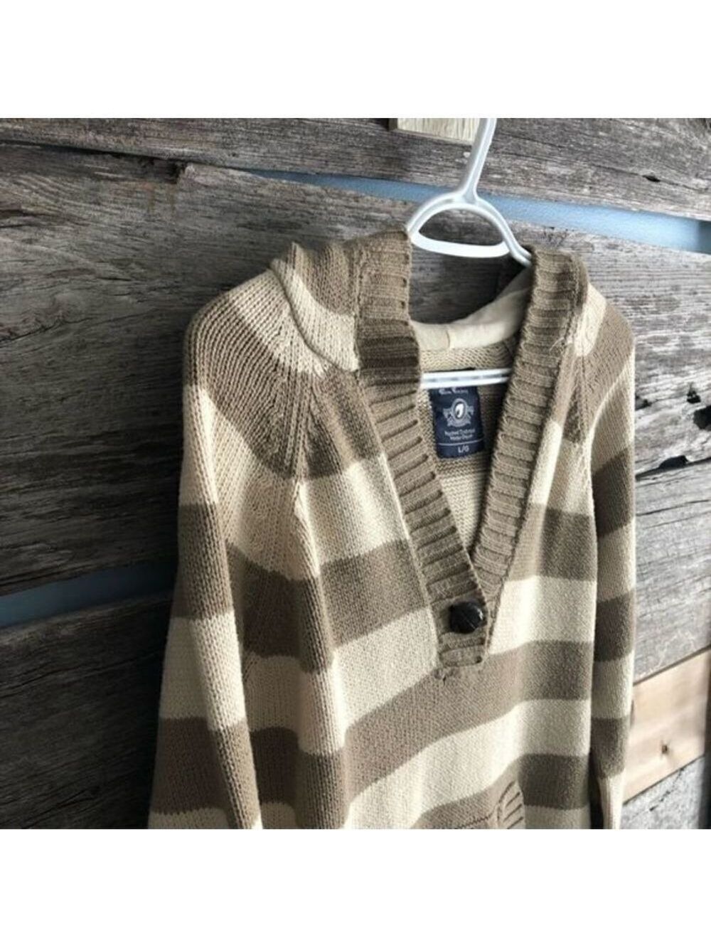 BLUENOTES size Large Tan striped, hooded sweater with front pocket
